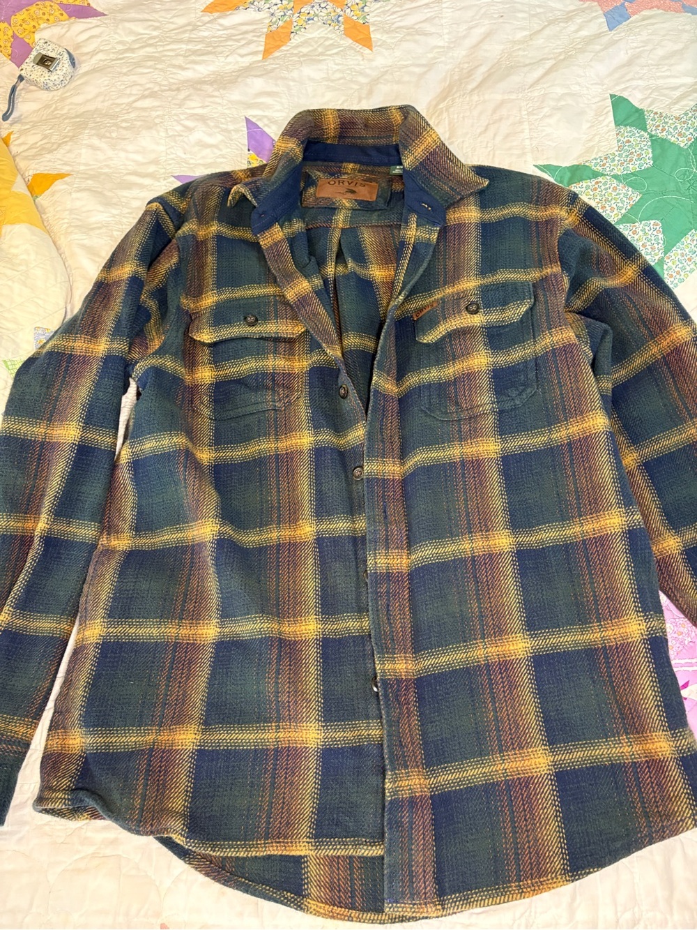 Orvis Jacket Mens Medium Blue Plaid Flannel Shirt Jacket Lined Pockets Casual